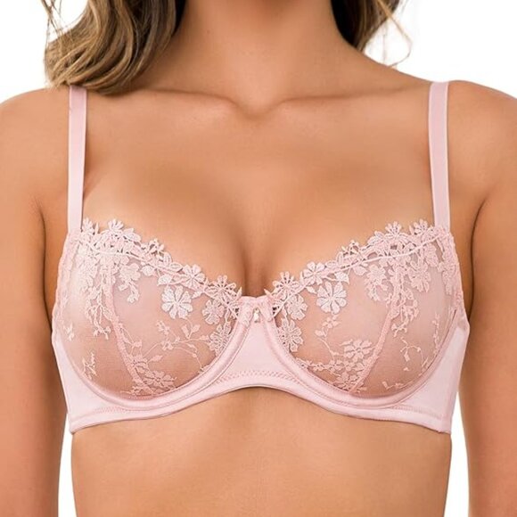 Wingslove Women's Sexy Lace Bra Demi Sheer Mesh Balconette Bralette 36C - Picture 1 of 4